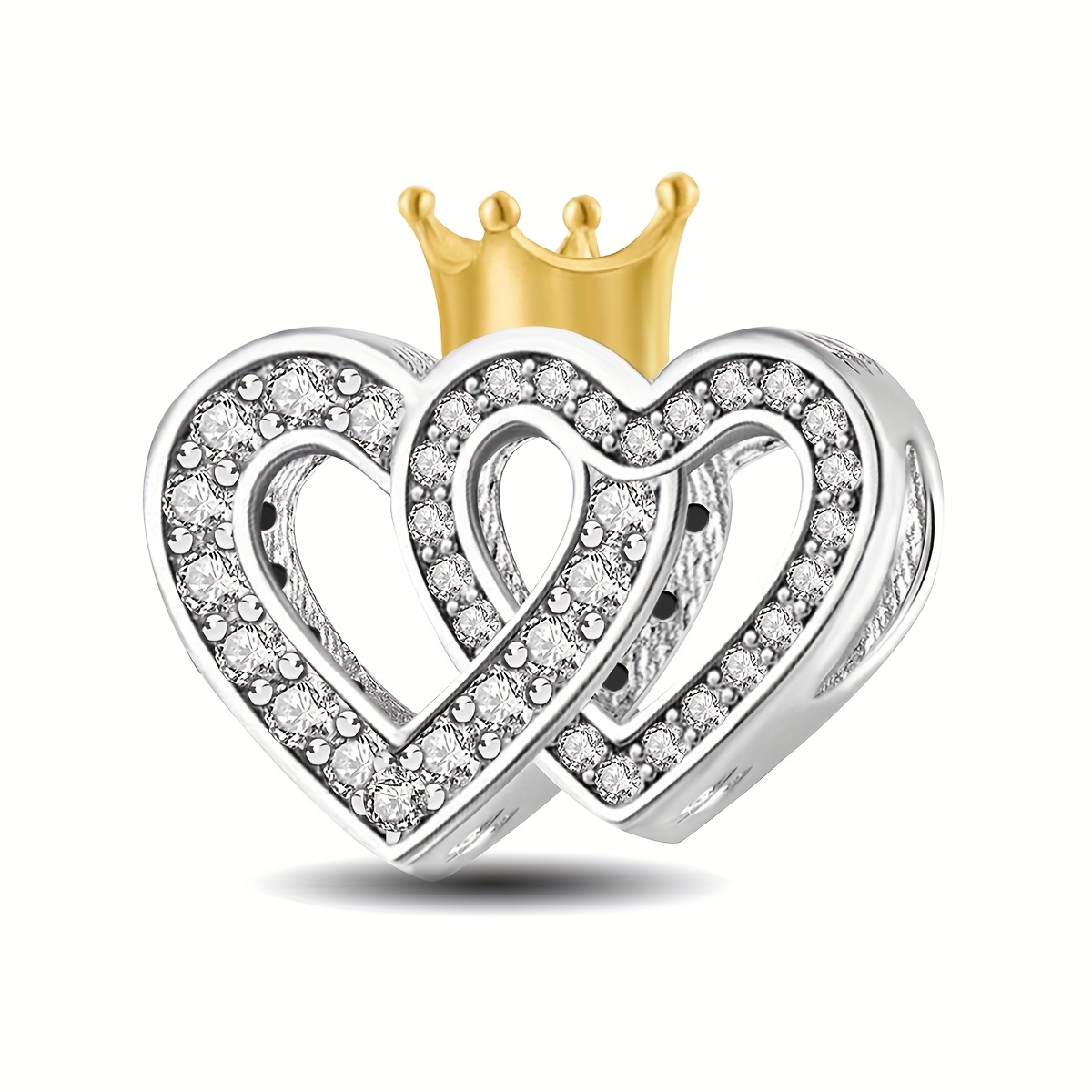 Women's 925 Silver Plated Crown Double Heart Bead for Jewelry Making